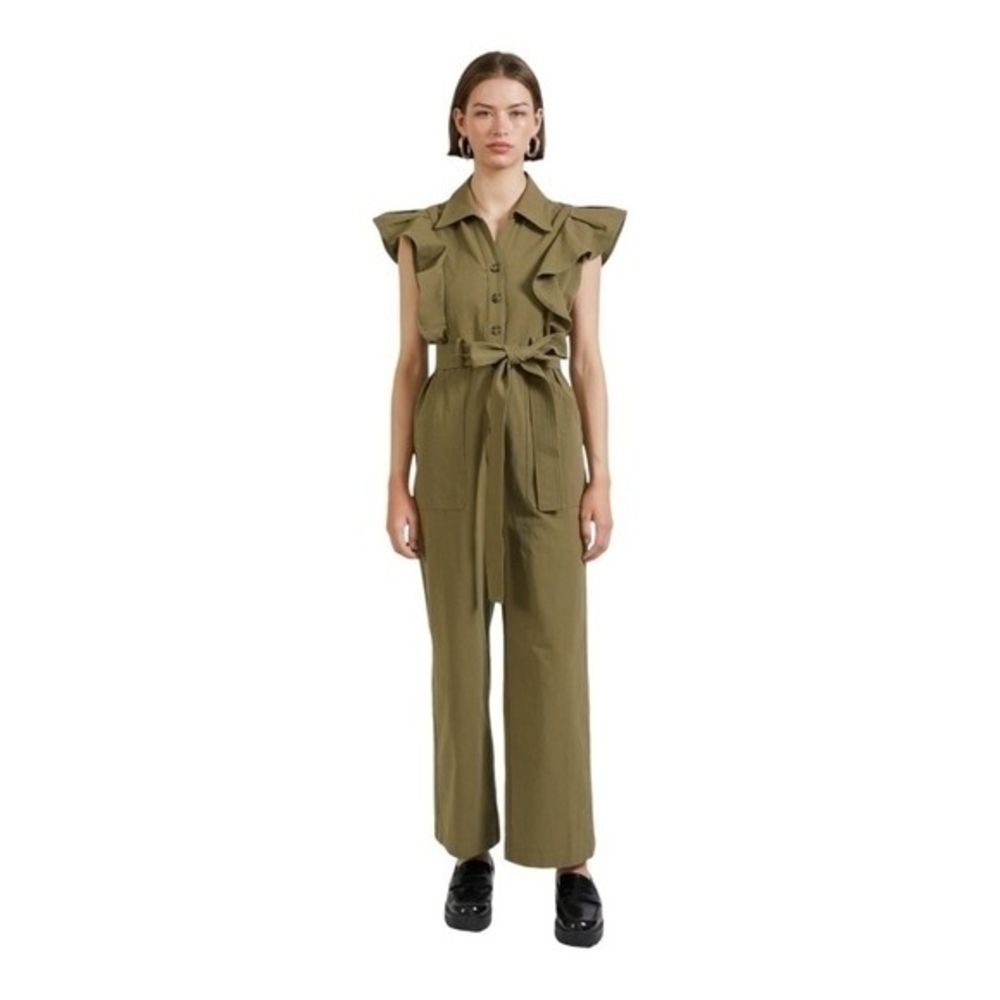 EN SAISON Essie Women's Army Green Ruffled Jumpsuit Size L Cotton Wide Leg NWT - Picture 3 of 8